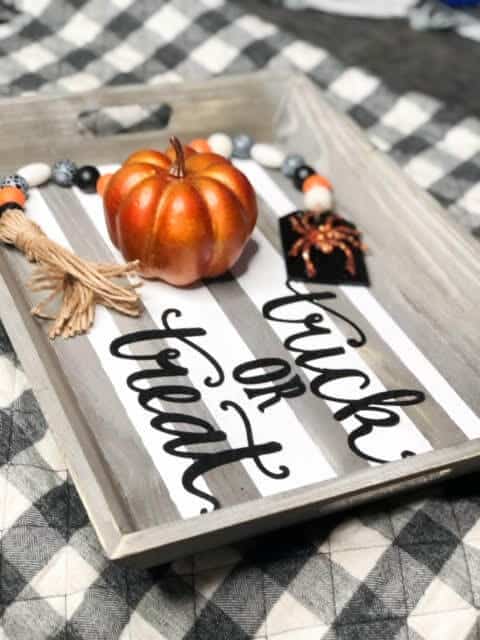 diy-halloween-tray-decor-farmhouse style trick or treat tassel striped tray