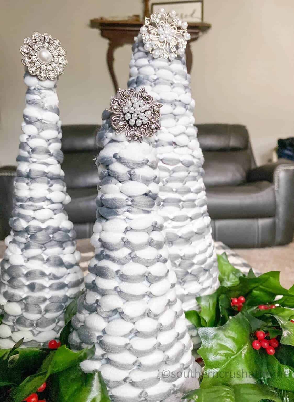 Tabletop Christmas Cone Trees (Using a Mop Head) from Dollar Tree