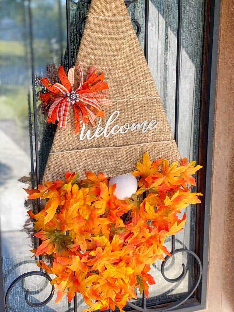 fall gnome door hanger with fall leaves and burlap