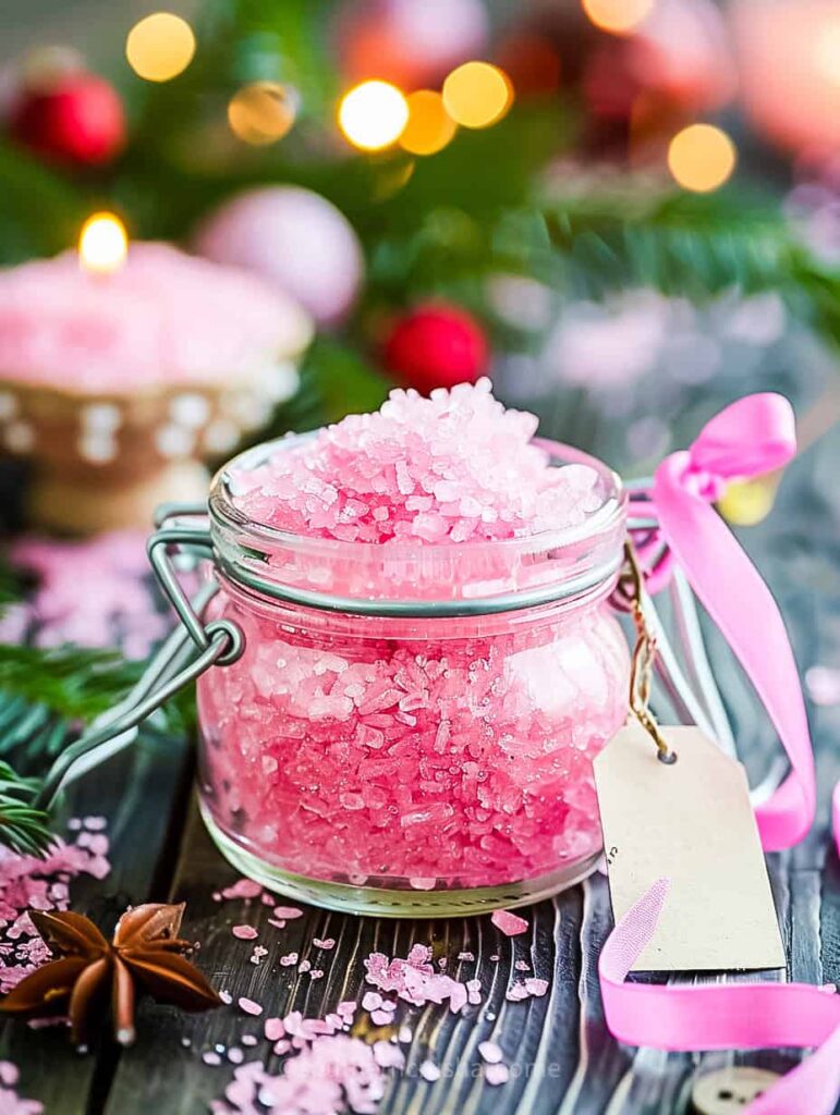 pink sugar scrub in a mason jar as a gift