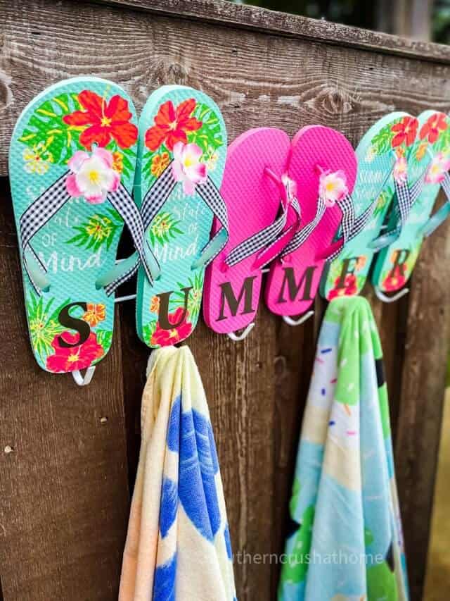 Easy Pool Towel Rack (using Dollar Tree Flip Flops)