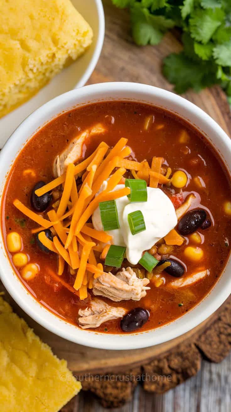 sour cream on top of Chicken Taco Soup in a bowl