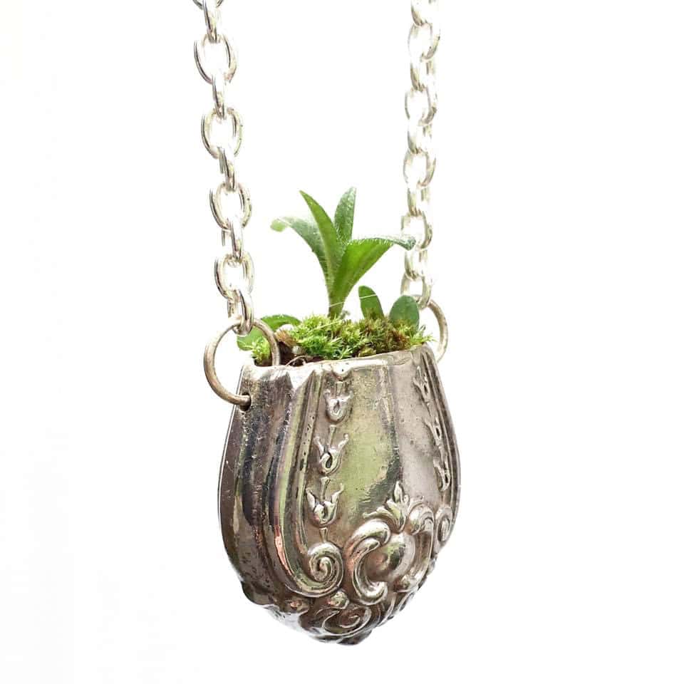 antique silverware locket necklace with plant