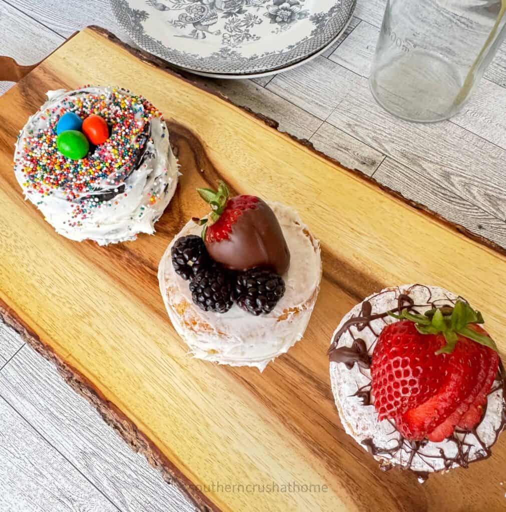 close up of mini cakes using stacked donuts