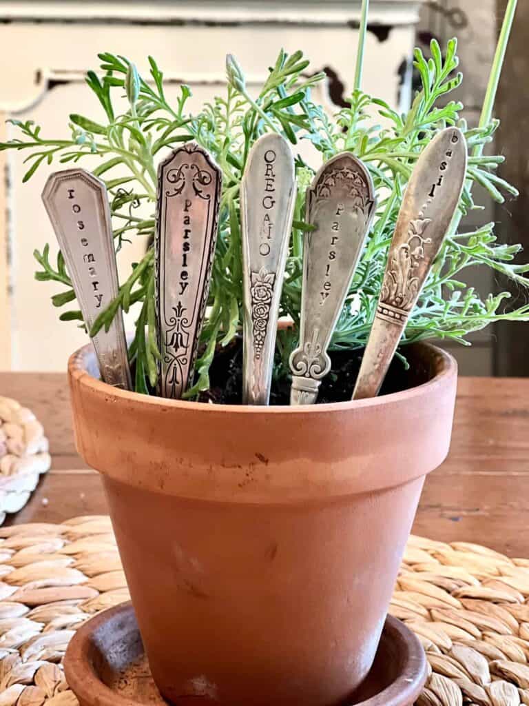 herb markers made from antique silverware