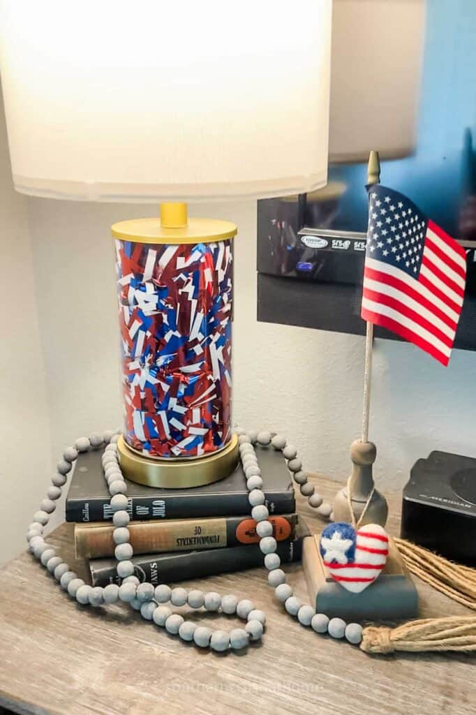 red white and blue garland inside fillable lamp