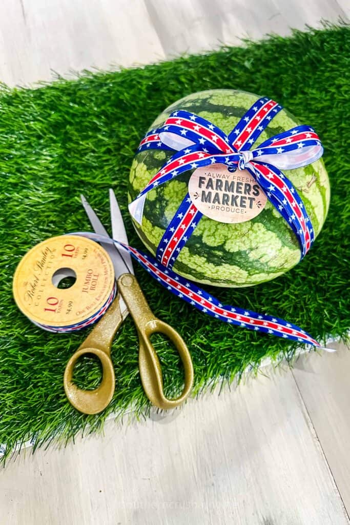 scissors and ribbon with mini watermelon hostess gift