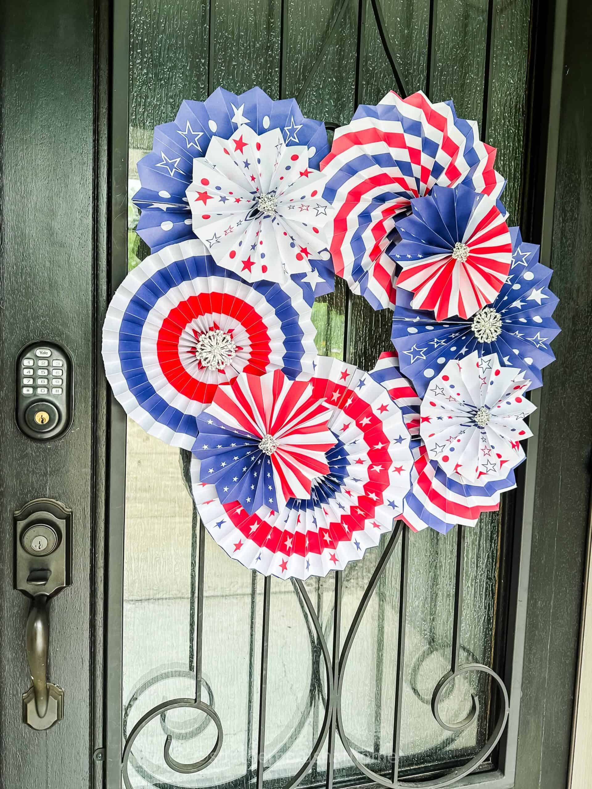 final paper fan wreath on front door