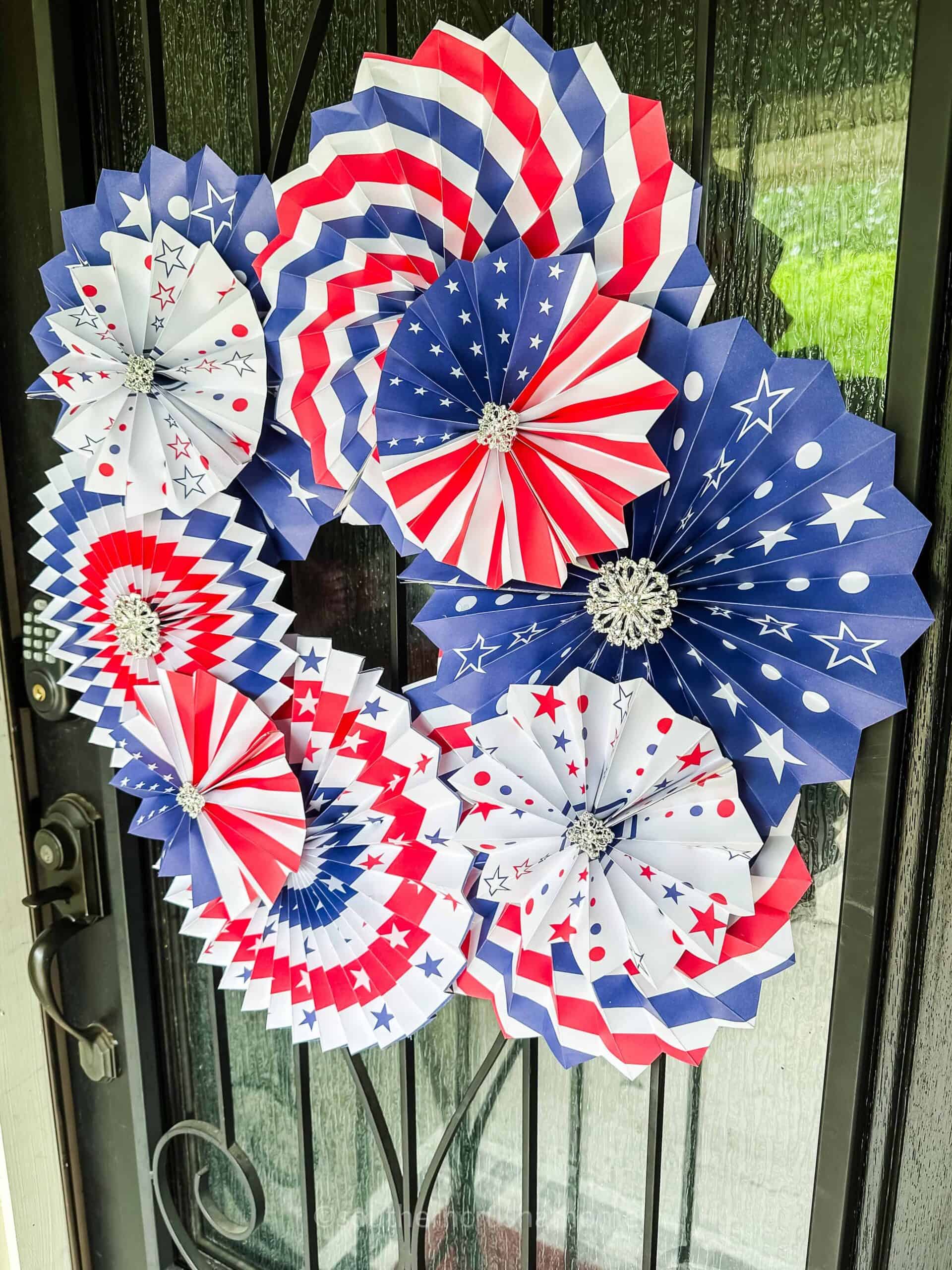 another view of red white and blue paper fan wreath