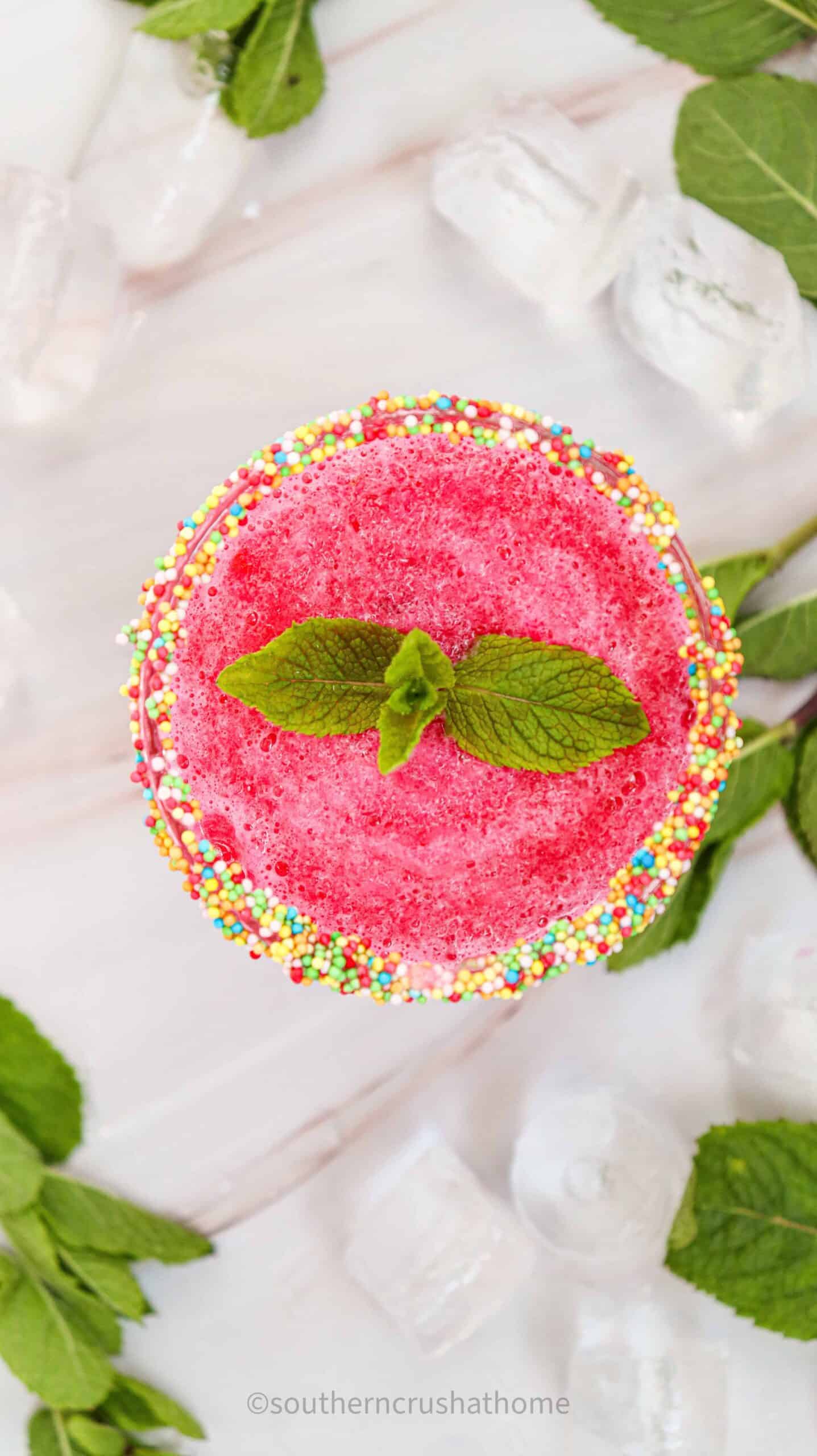 overhead view of slushie with watermelon