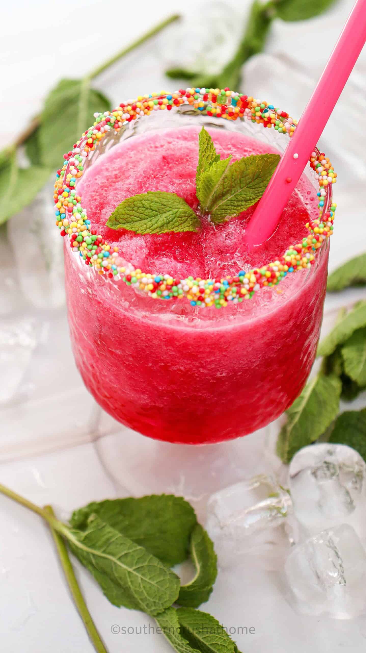 pink slushie with a straw