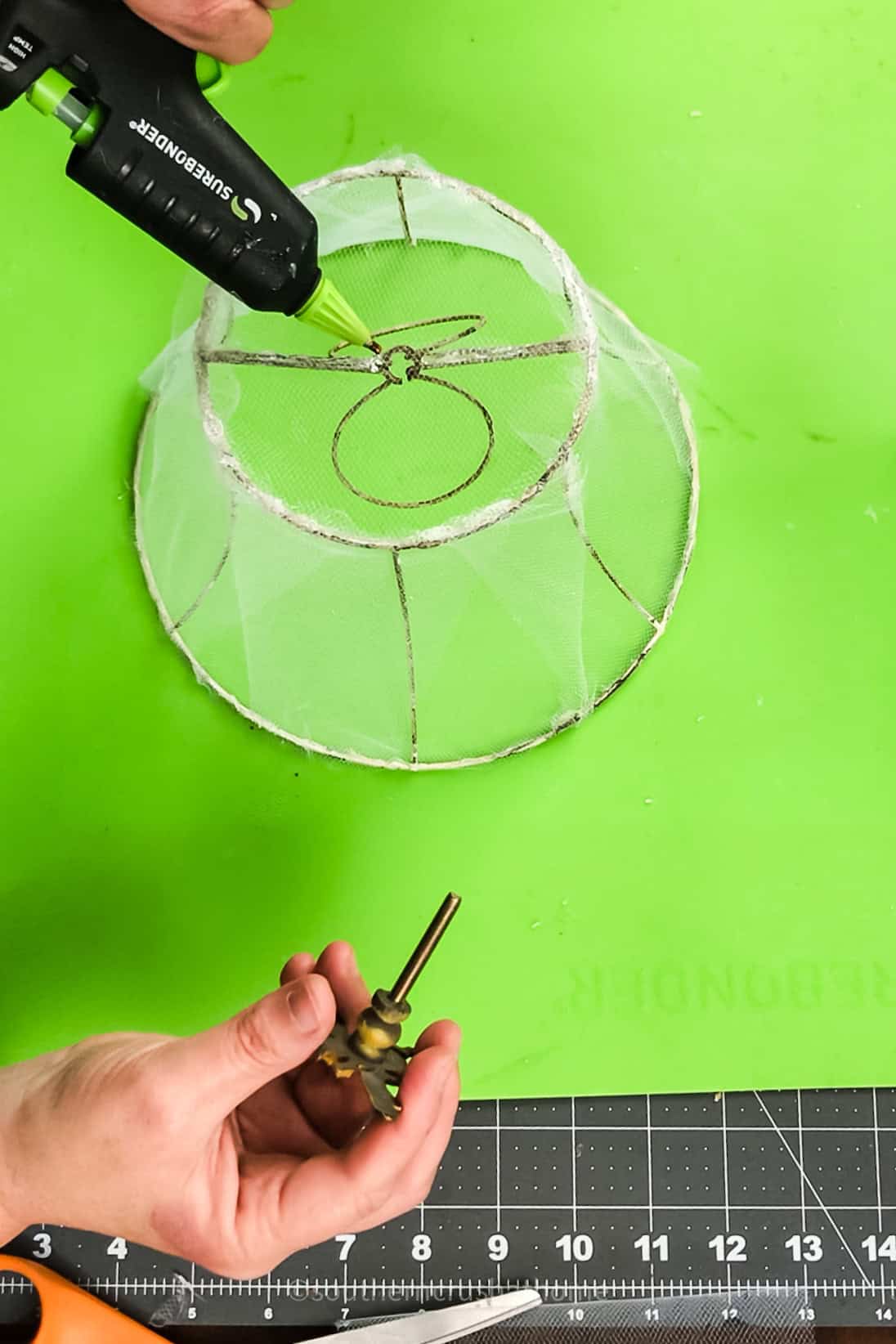 gluing bee knob on lampshade food cover