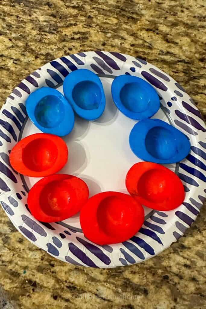 colored deviled eggs drying