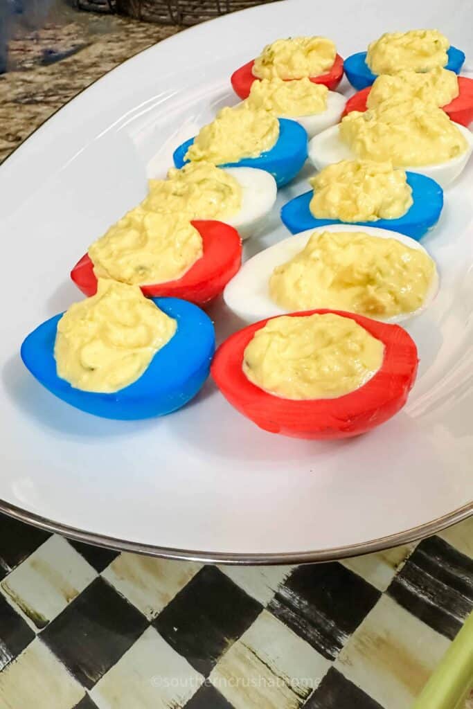 view of final red, white, and blue colored deviled eggs