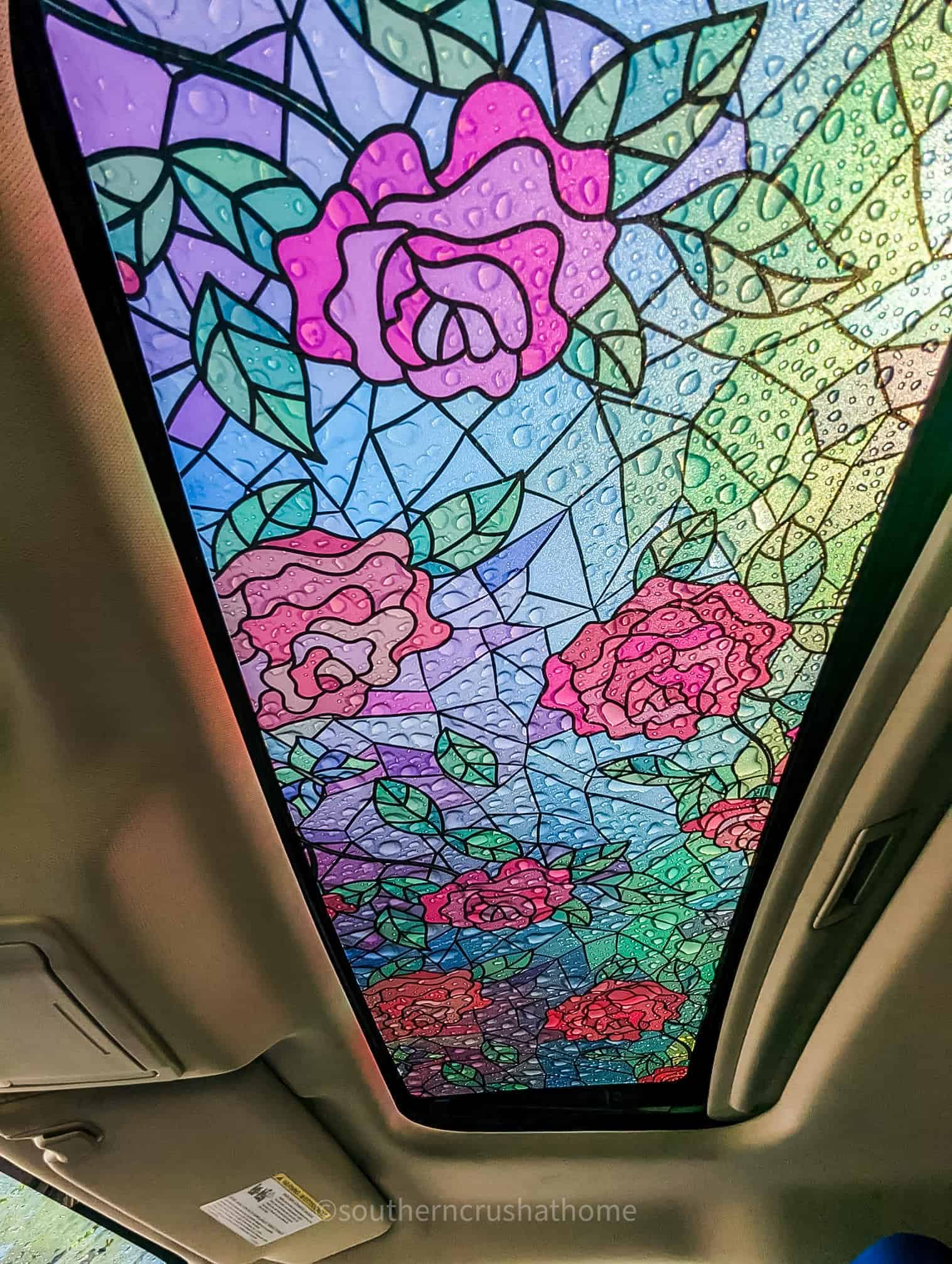 roses stained glass window film on sunroof