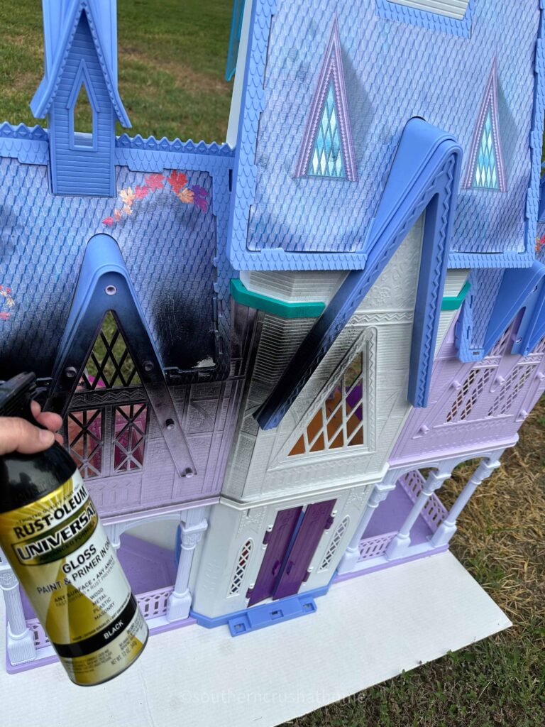 spray painting frozen castle doll house