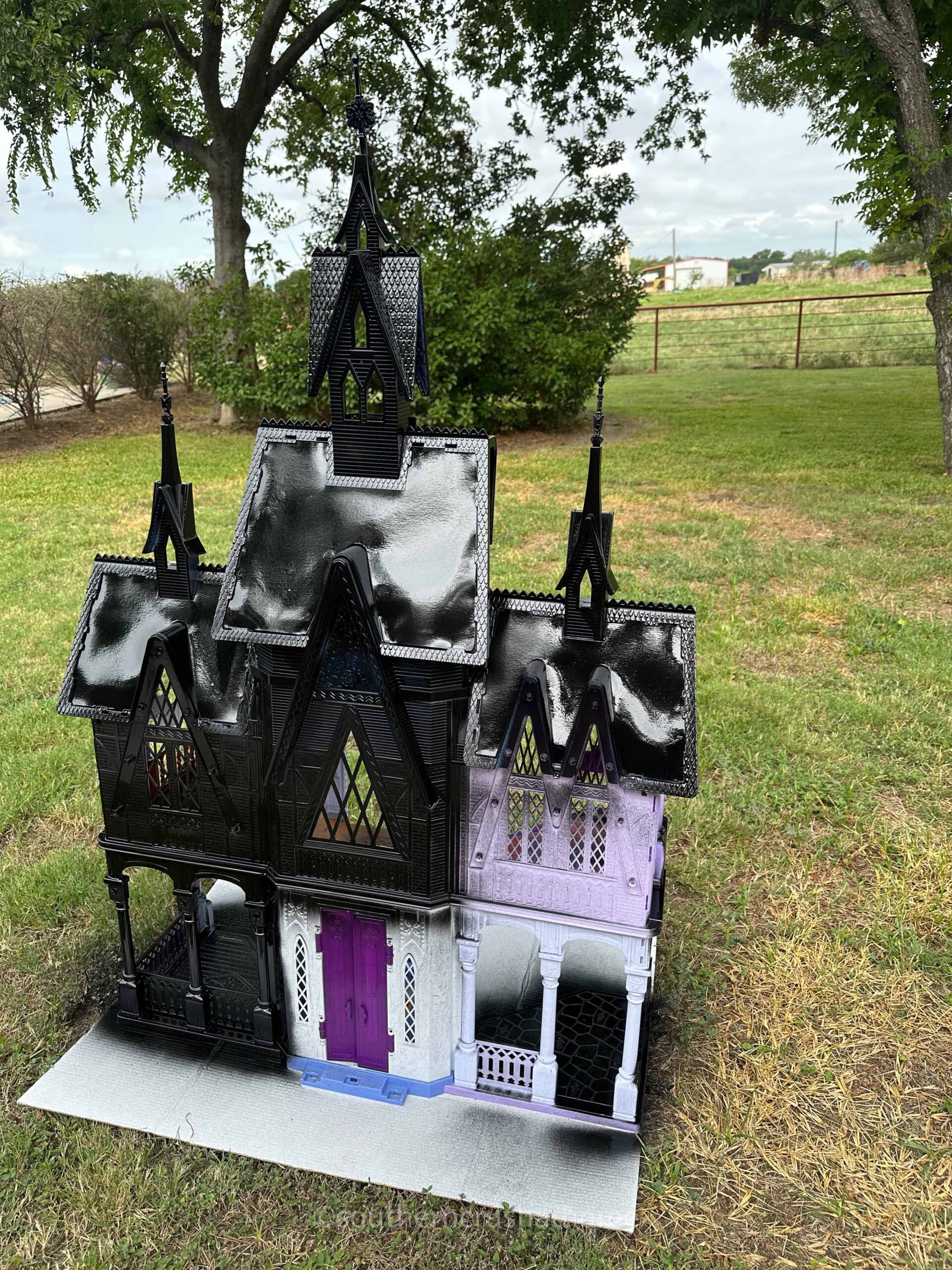 spray painting frozen castle doll house