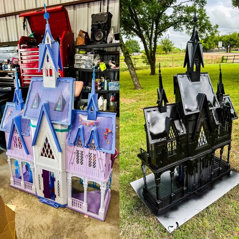 side by side view of black spray painted frozen castle haunted doll house