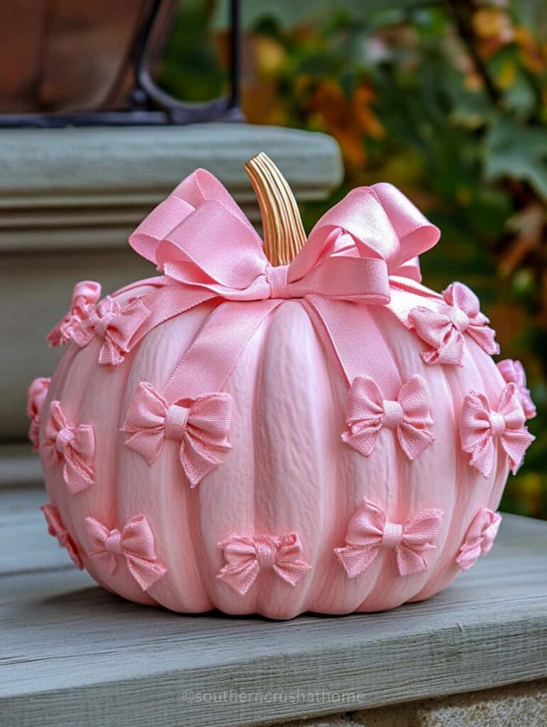 tiny pink bows on pink pumpkin