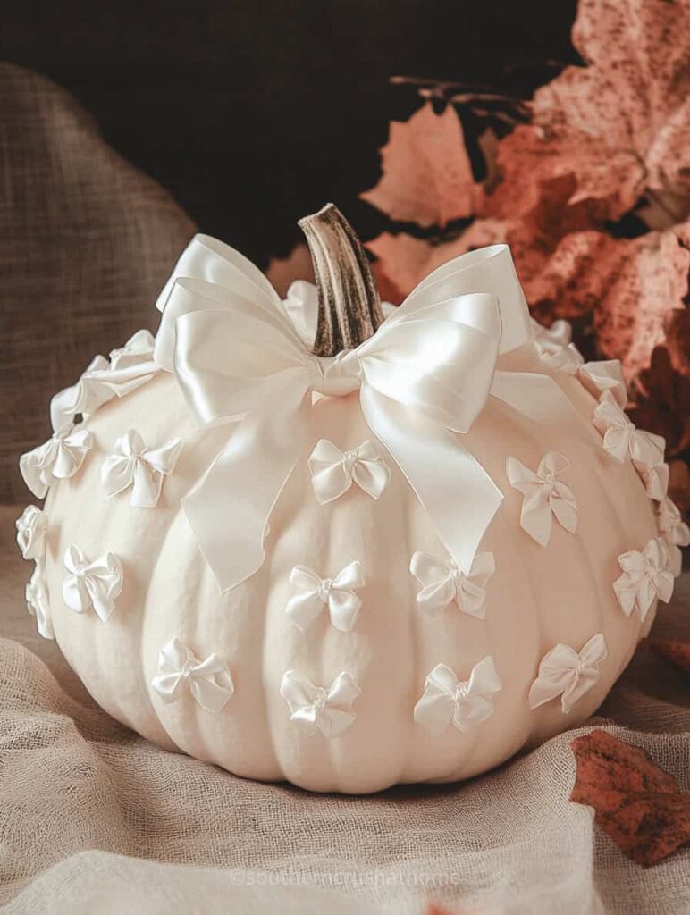 tiny white bows on white pumpkin