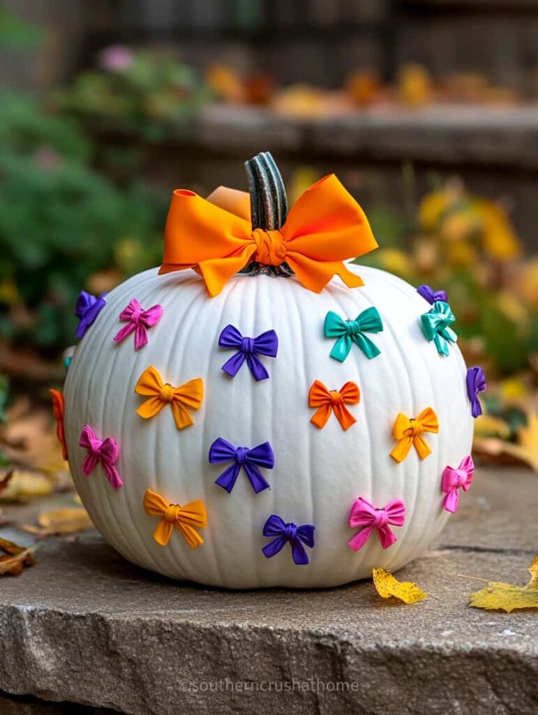 tiny multicolor bows on white pumpkin