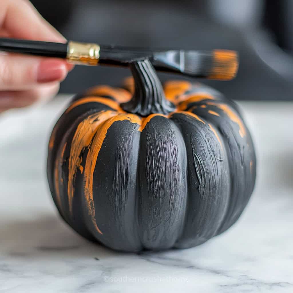 painting black base coat on pumpkin