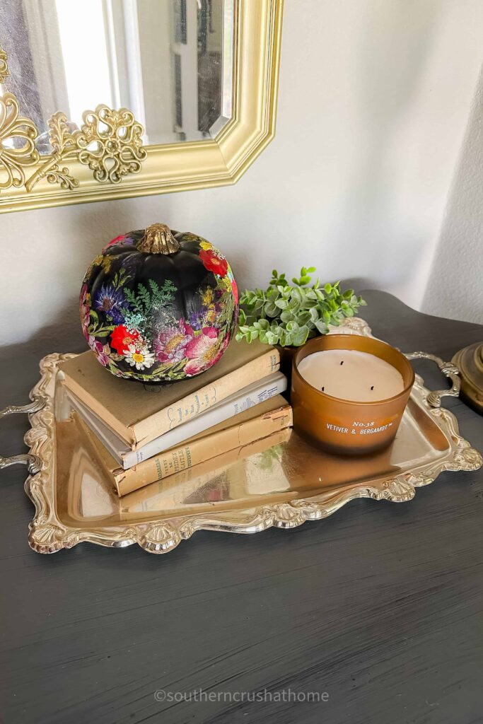 final decoupage pumpkin on a silver tray