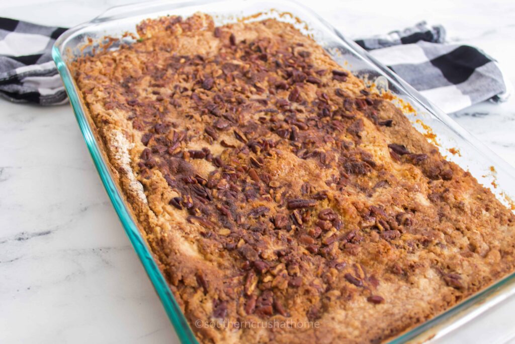 final baked pumpkin curnch cake in baking dish