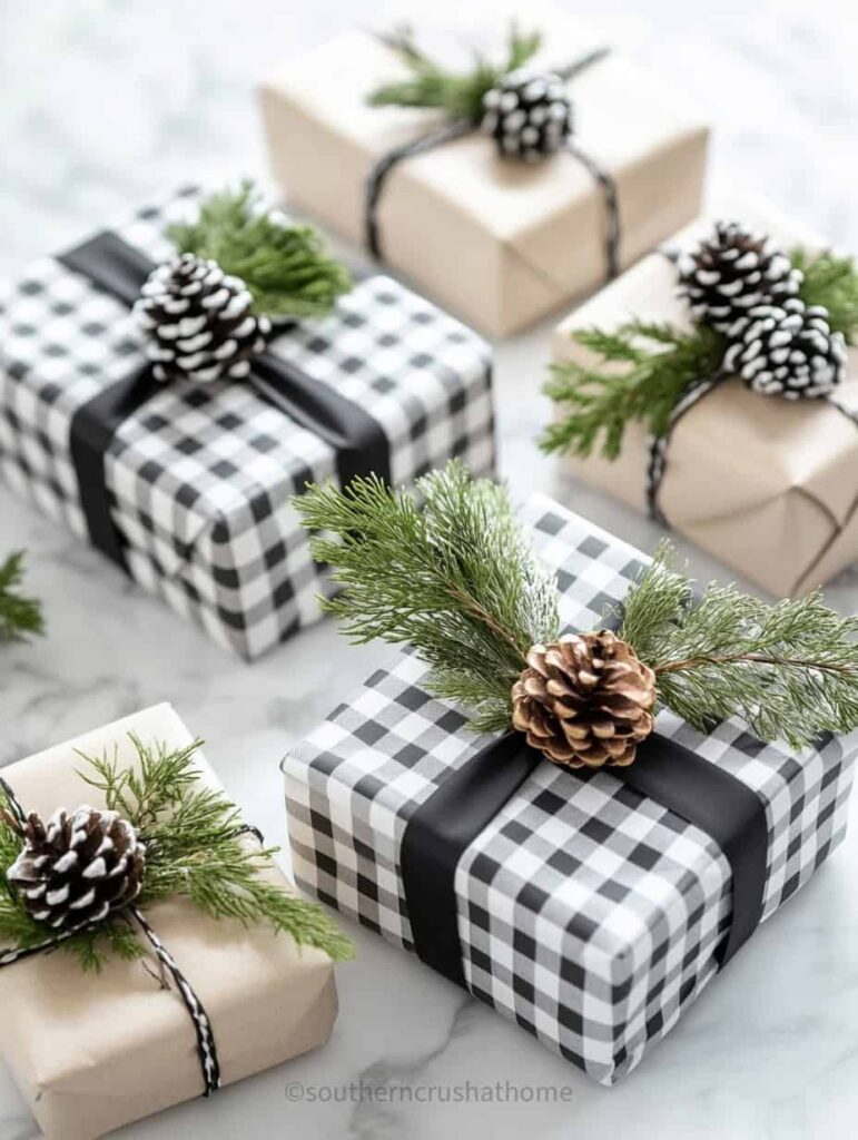 black and white buffalo plaid gift wrap for christmas