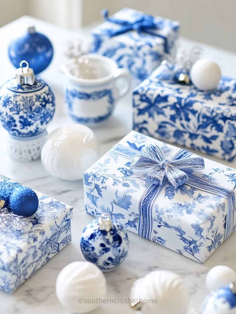 blue and white chinoisserie gift wrapping