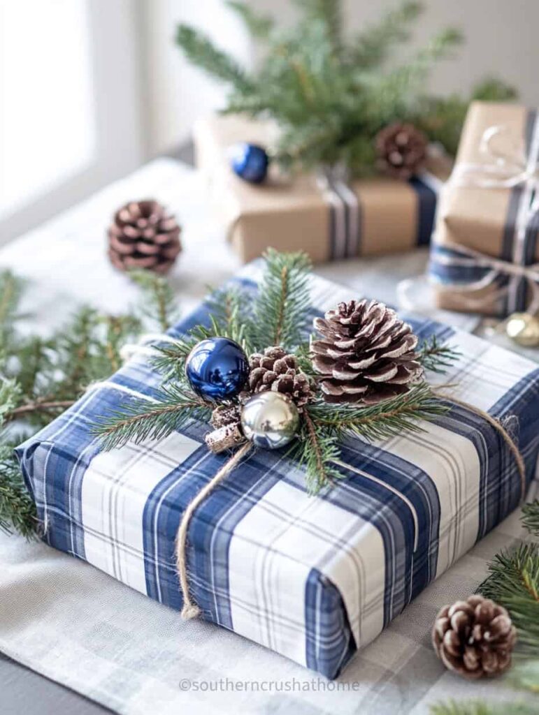 navy plaid christmas gift wrap