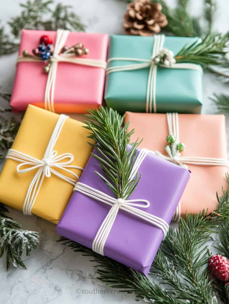 brightly colored pastel wrapped gifts