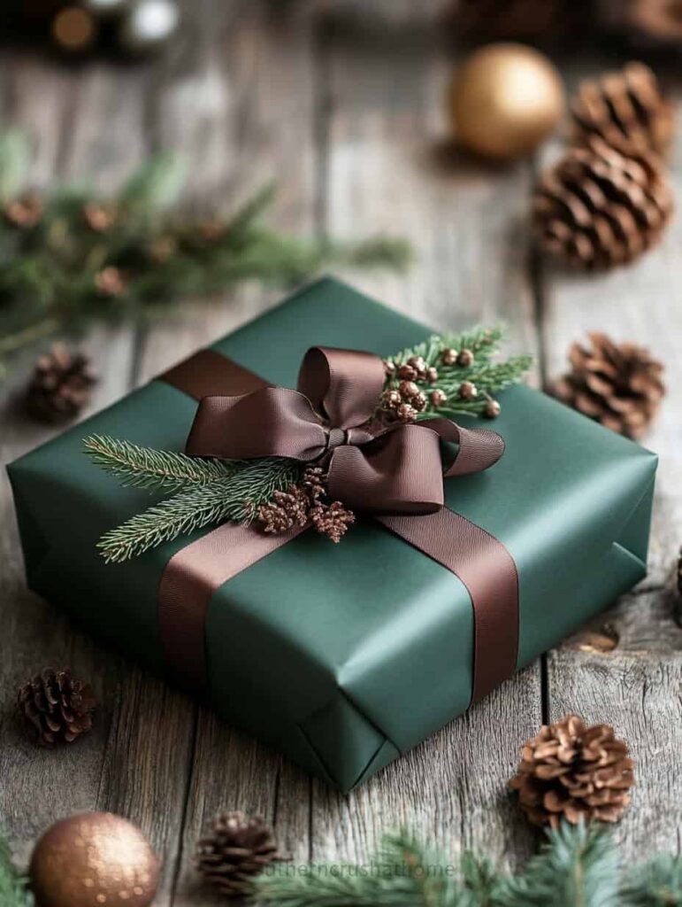 dark green gift wrap with brown ribbon for christmas