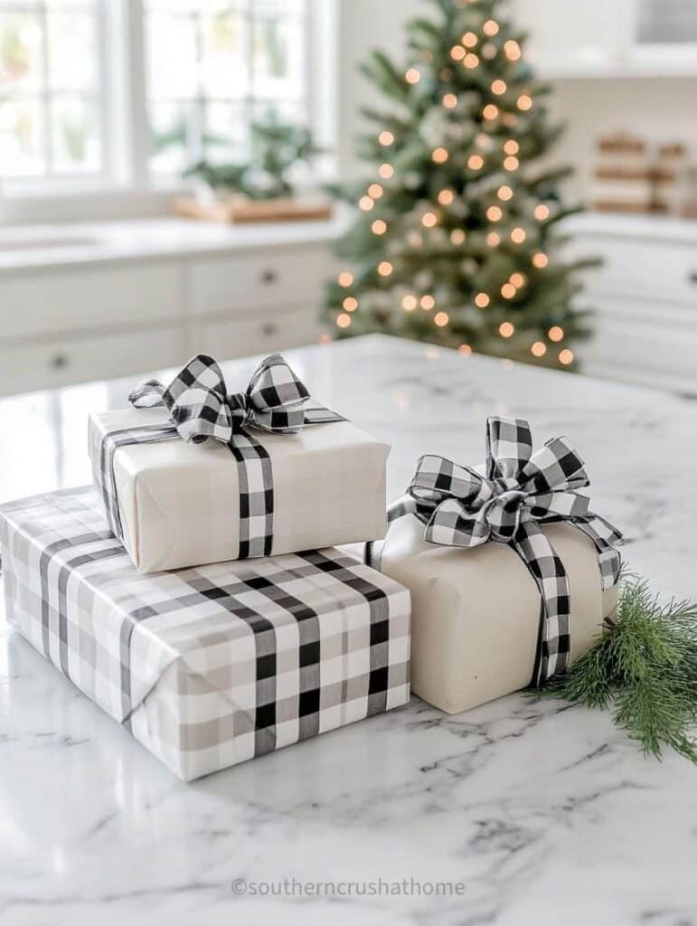 black and white check christmas bows on packages