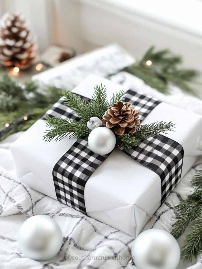 black and white buffalo plaid christmas gift wrapping ideas