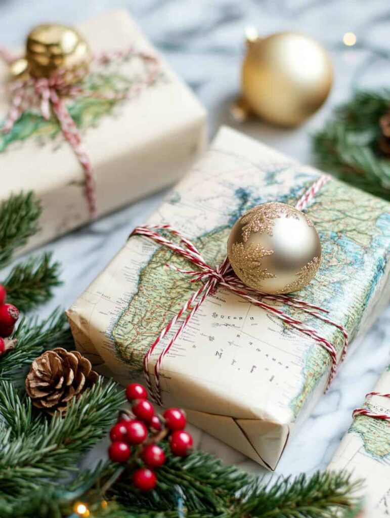 map paper wrapped christmas gift