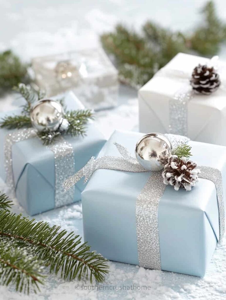 pale blue wrapped christmas gift