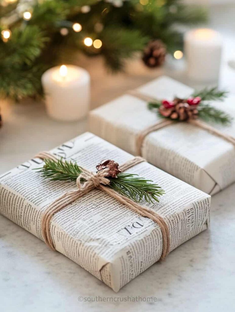 newspaper print christmas gift wrapping idea