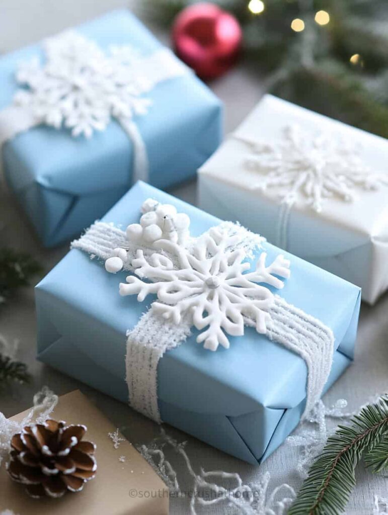 white snowflak on blue wrapping paper