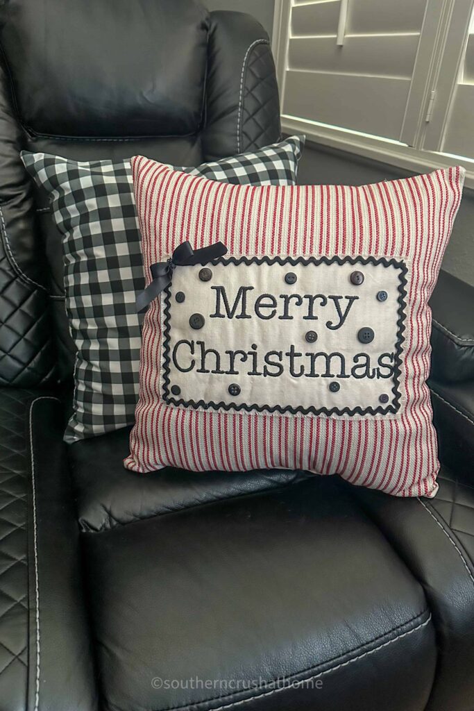 merry christmas ticking pillow with buttons