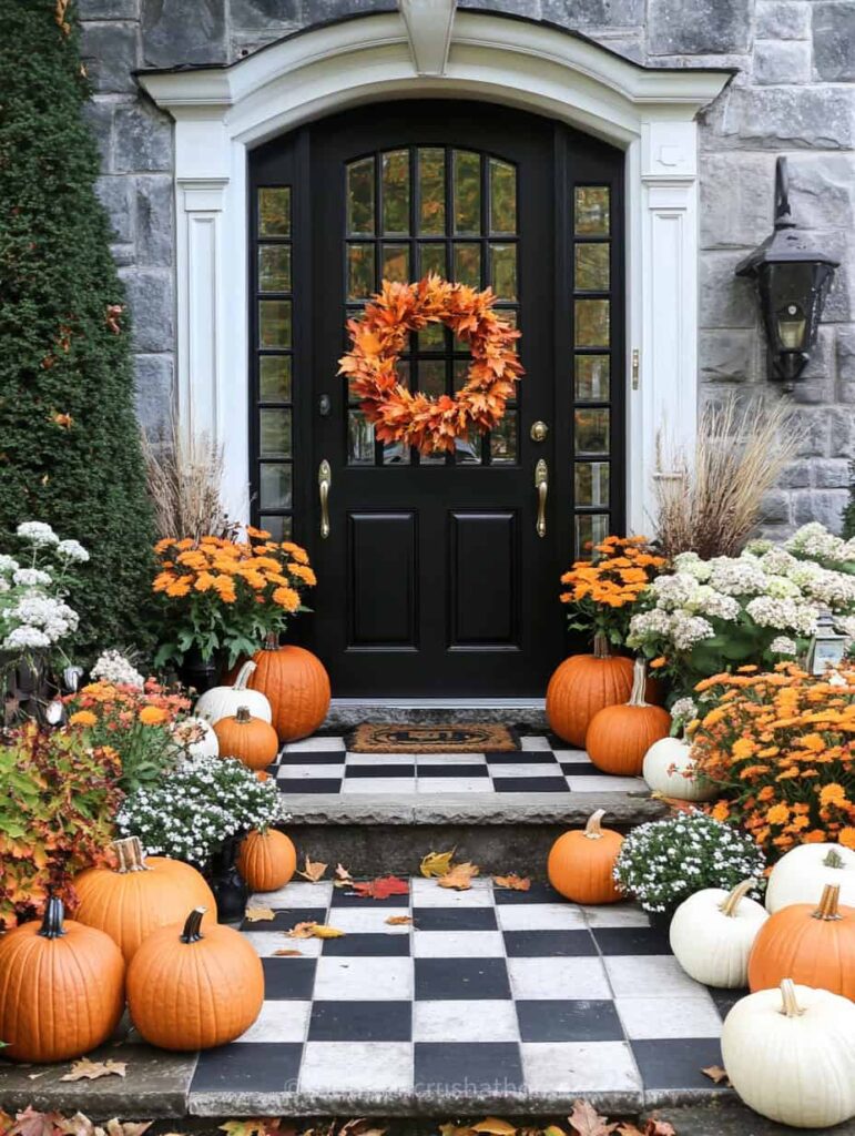 modern with pops of plaid with orange pumpkins and black front door