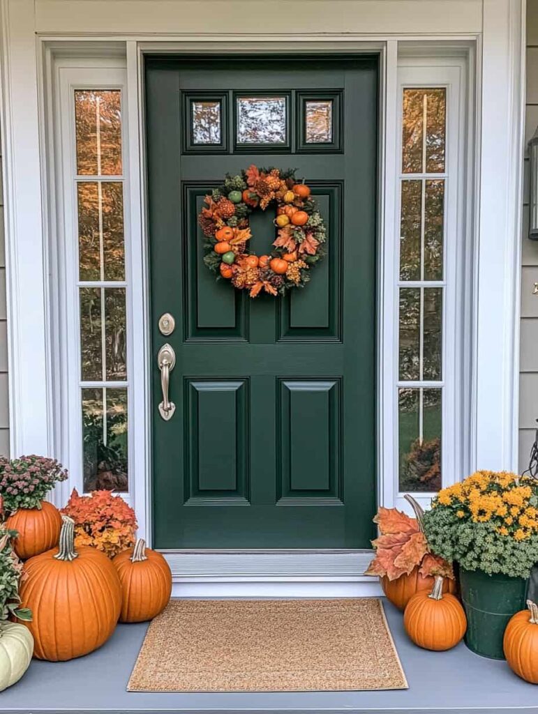 traditional fall front porch with dark green front door