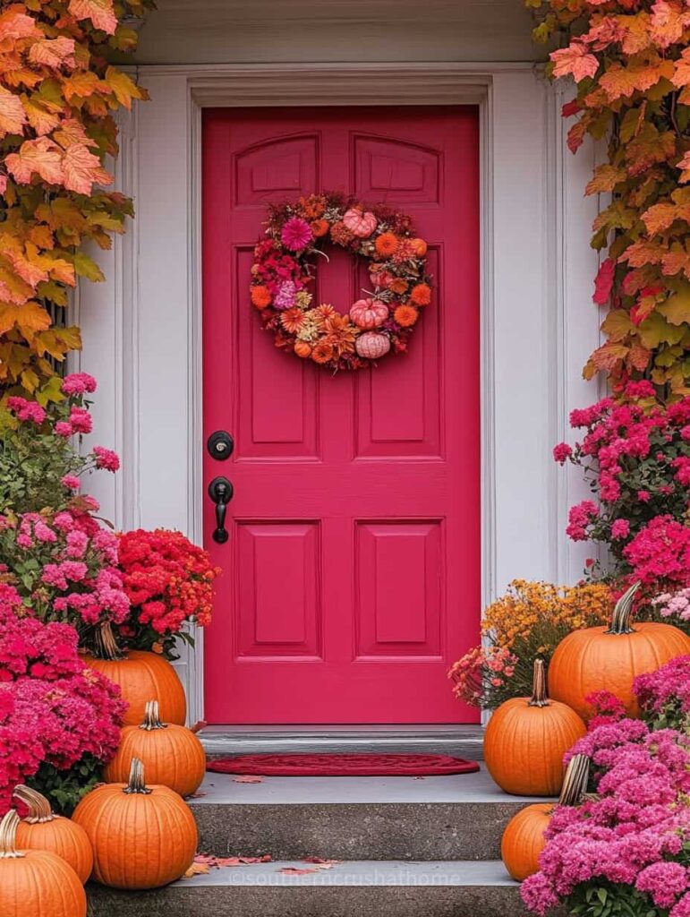 Barbie pink front door and pumpkins on front porch