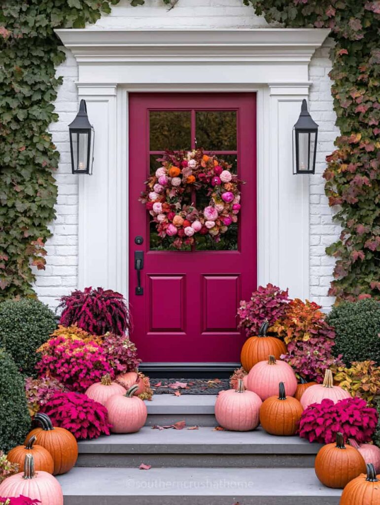 jeweled pink front door with pink and orange pumpkins