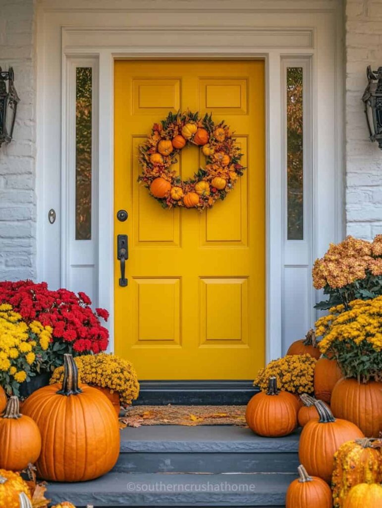 yellow front door and orange pumpkins fall front porch