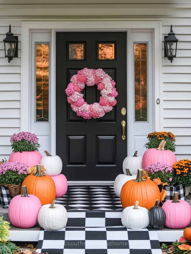 pops of pink on black and white fall porch