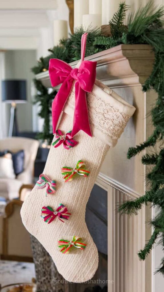 multicolored bows on a cream stocking