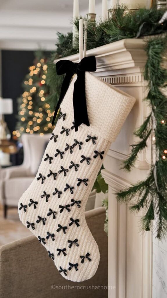 black bows on a cream stocking