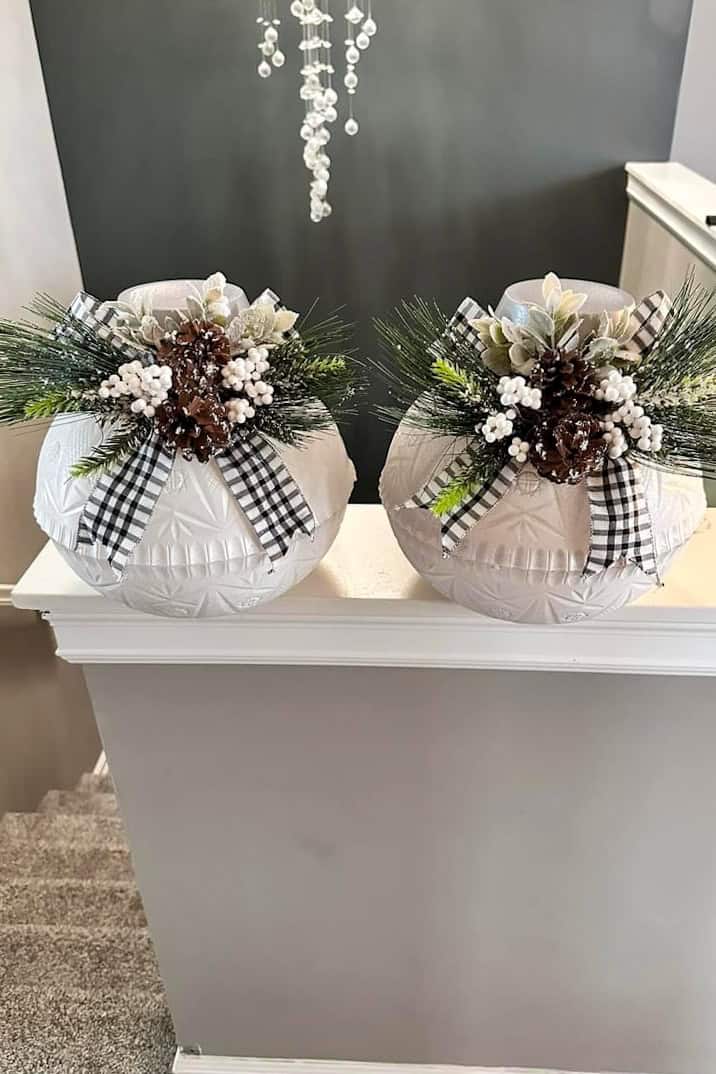 white bowl ornaments with buffalo check ribbon