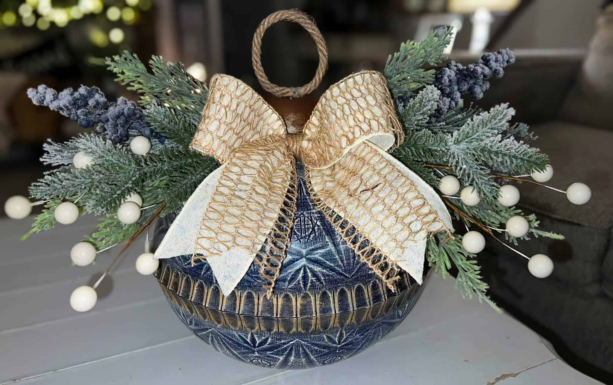 blue and cream rustic bowl ornament